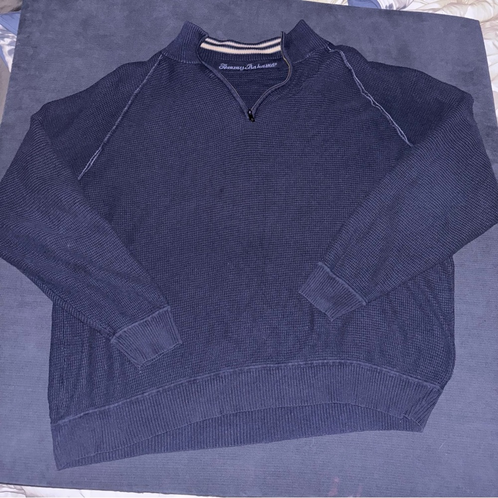 Tommy Bahama Navy 1/4 zip waffle Knit Sweater means large silk blend
